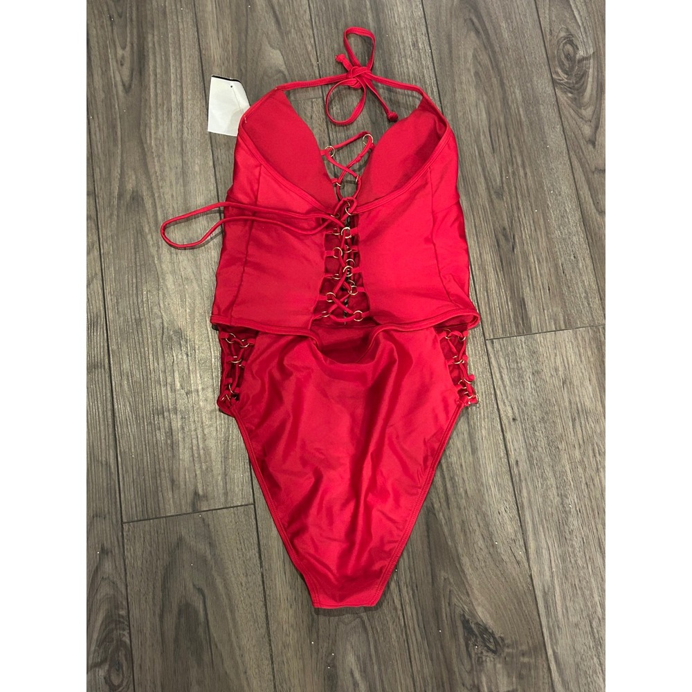 YMI Red Lace-Up One Piece Swimsuit Gold Ring Hardware Halter Neck NWT Medium - Picture 2 of 5